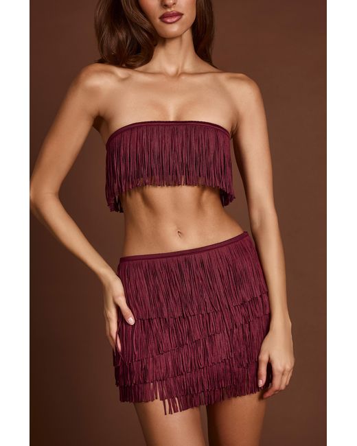 Oh Polly Red Fringed Bandeau Lace-Up Crop Top