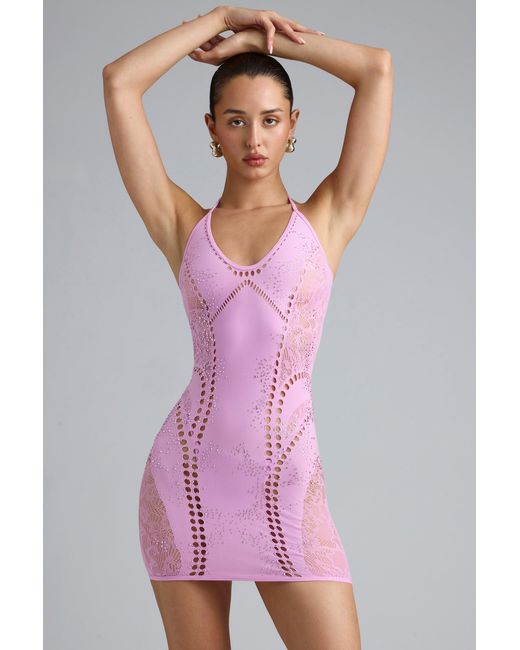 Oh Polly Pink Embellished Halterneck Mini Dress