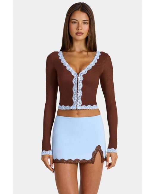 Oh Polly Brown Lace-Trim Cropped Cardigan