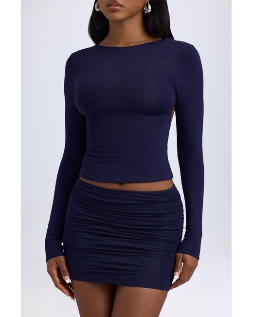 Oh Polly Blue Modal High Neck Long Sleeve Open Back Top