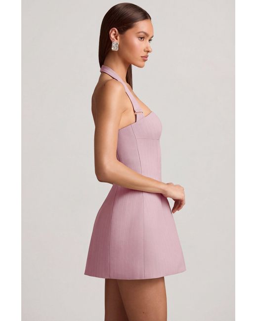 Oh Polly Pink Pinstripe Halterneck Structured A-Line Mini Dress