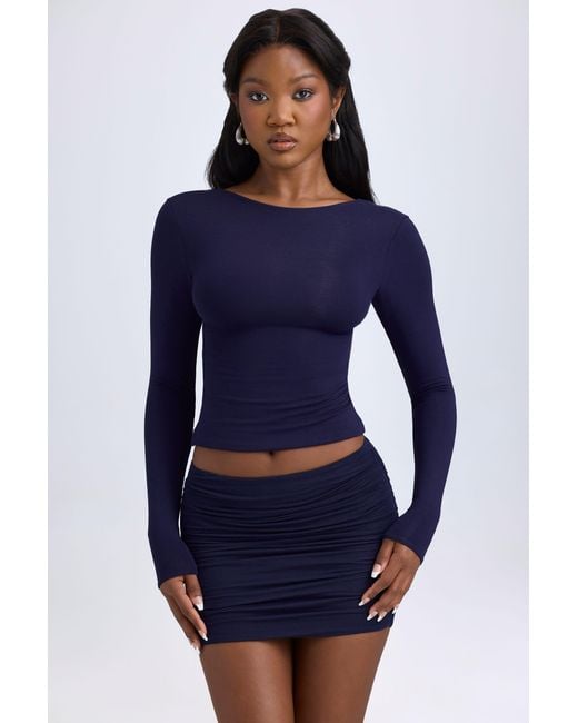 Oh Polly Blue Modal High Neck Long Sleeve Open Back Top