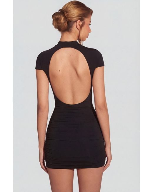 Oh Polly Black Jersey Turtleneck Ruched Backless Mini Dress