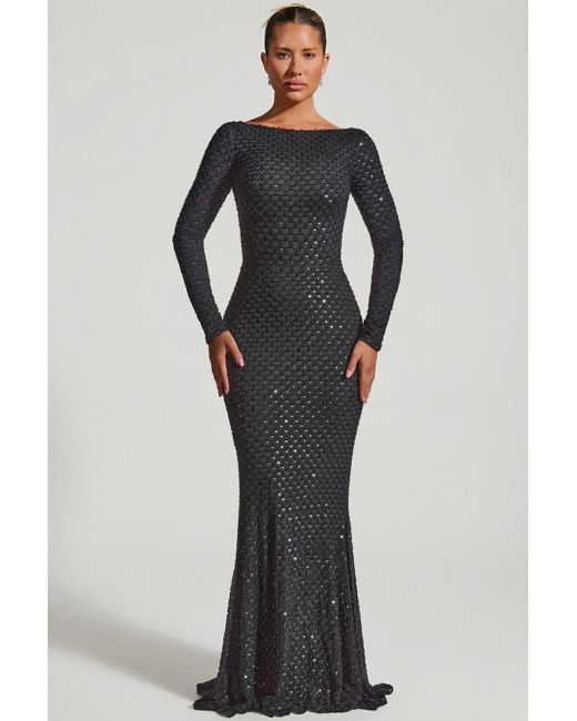 Oh Polly Black Embellished Open-Back Gown
