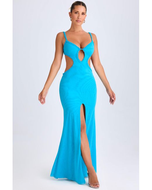 Oh Polly Blue Ruffle-Appliqué Cut-Out Maxi Dress