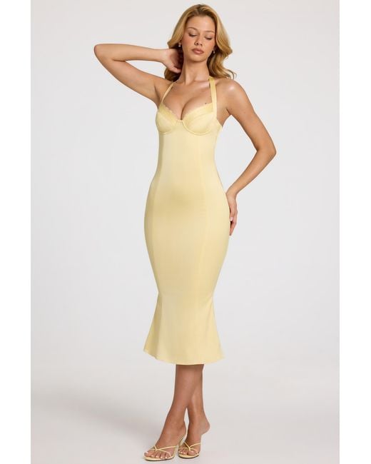 Oh Polly Yellow Satin Sweetheart Bustier Fishtail Midaxi Dress