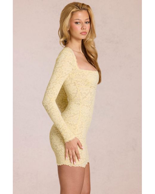 Oh Polly Yellow Scalloped-Lace Long-Sleeve Mini Dress