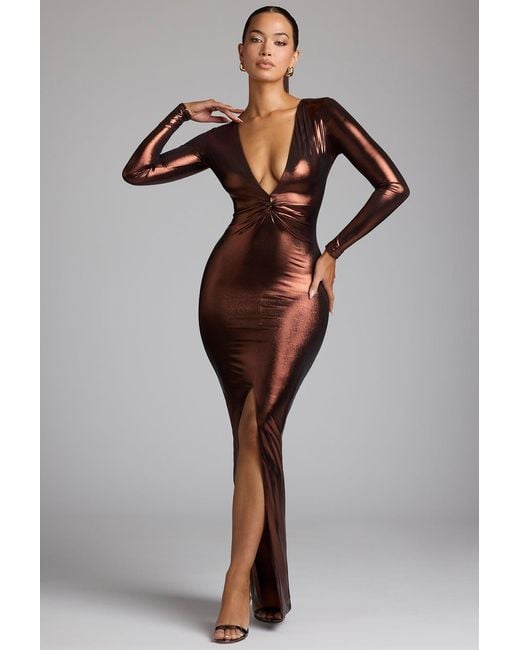 Oh Polly Brown Long Sleeve Metallic Jersey Evening Gown