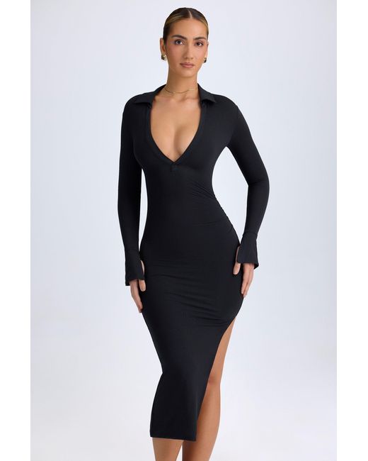 Oh Polly Black Modal Plunge V-Neck Midaxi Dress