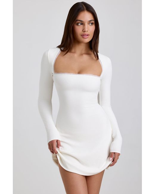 Oh Polly White Ribbed Modal Lace-Trim Mini Dress