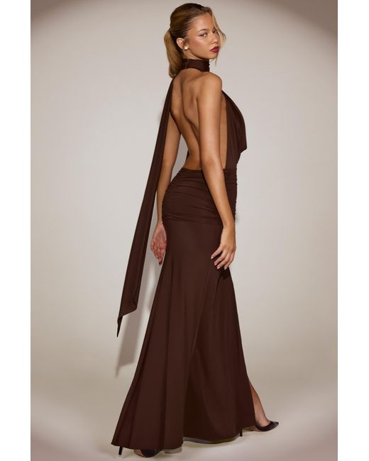 Oh Polly Brown Soft-Jersey Plunge Halterneck Maxi Dress