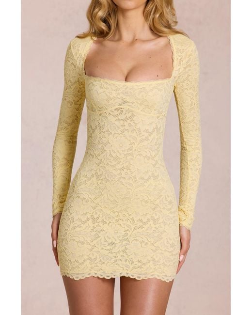 Oh Polly Yellow Scalloped-Lace Long-Sleeve Mini Dress