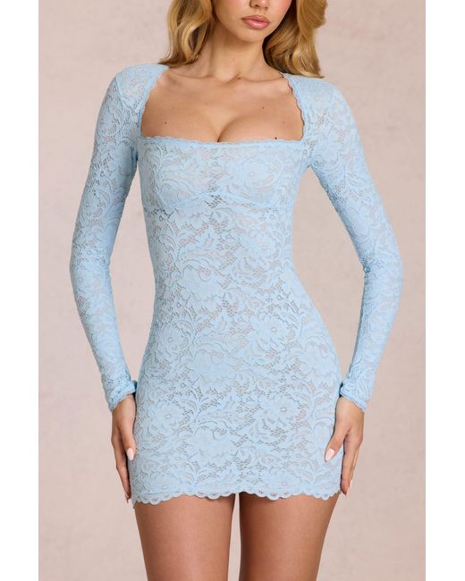 Oh Polly Blue Scalloped-Lace Long-Sleeve Mini Dress