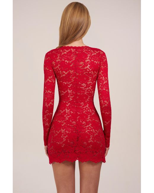 Oh Polly Red Sheer Scalloped-Lace Long-Sleeve Mini Dress