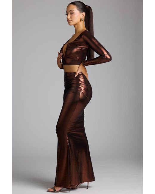 Oh Polly Brown Mid Rise Metallic Jersey Maxi Skirt