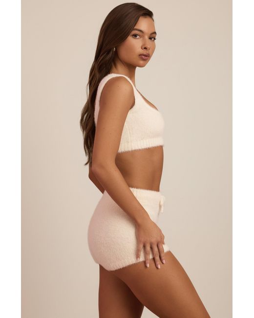 Oh Polly White Fluffy Knit Mid-Rise Mini Shorts