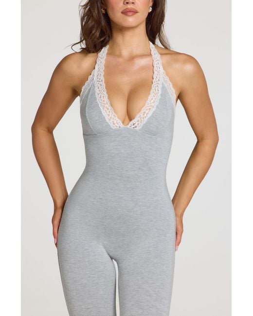 Oh Polly Gray Modal Lace-Trim Capri Jumpsuit