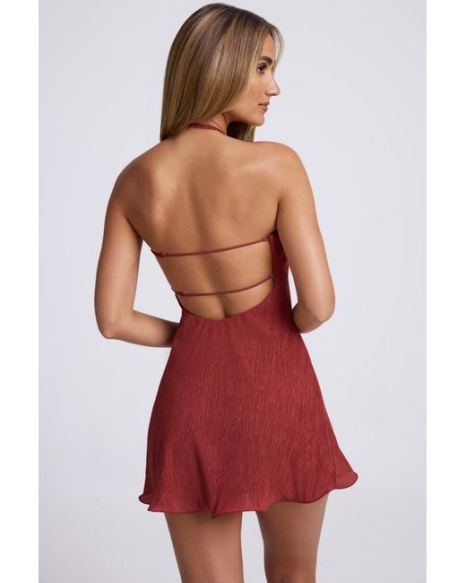 Oh Polly Brown Hardware Detail Open-Back Halterneck Micro Mini Dress