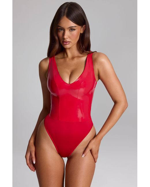 Oh Polly Red Glossy Vinyl Plunge-Neck Bodysuit