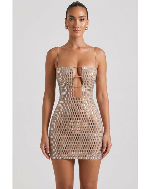 Oh Polly Natural Embellished Cut-Out Mini Dress