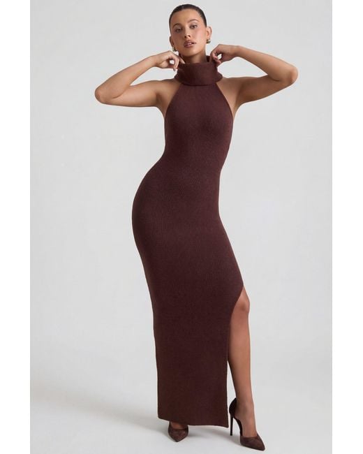 Oh Polly Brown Ribbed-Knit Turtleneck Backless Maxi Dress
