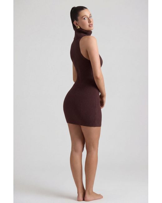 Oh Polly Brown Ribbed-Knit Turtleneck Mini Dress