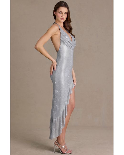 Oh Polly Metallic Embellished Plunge Asymmetric Maxi Dress