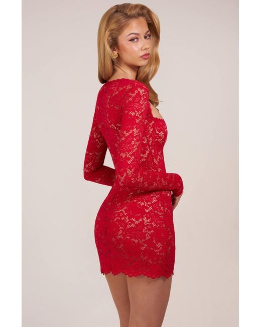 Oh Polly Red Sheer Scalloped-Lace Long-Sleeve Mini Dress