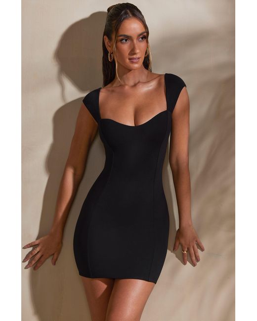 Oh Polly Black Sweetheart Neckline Cap Sleeve Mini Dress