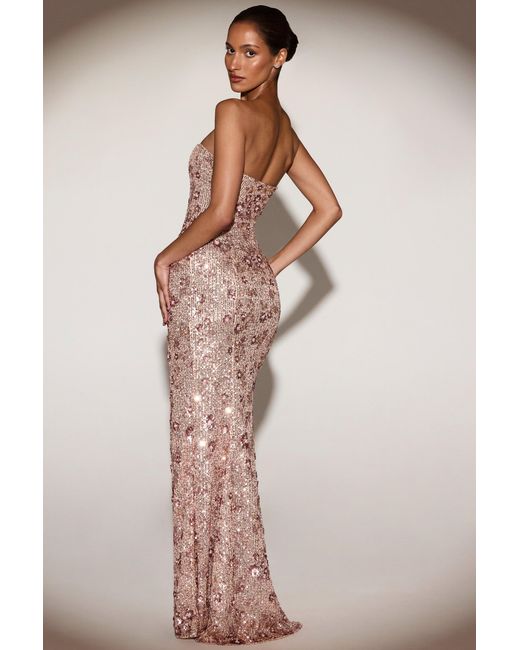 Oh Polly Natural Embellished Bandeau-Neck Strapless Gown