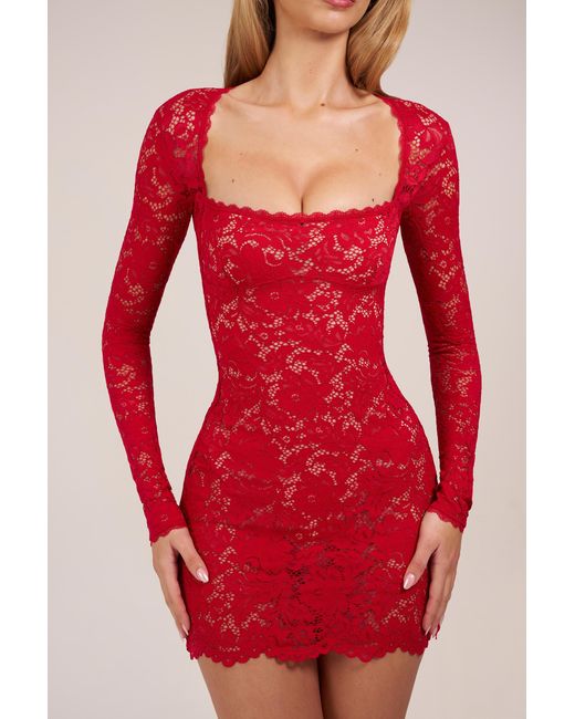 Oh Polly Red Sheer Scalloped-Lace Long-Sleeve Mini Dress