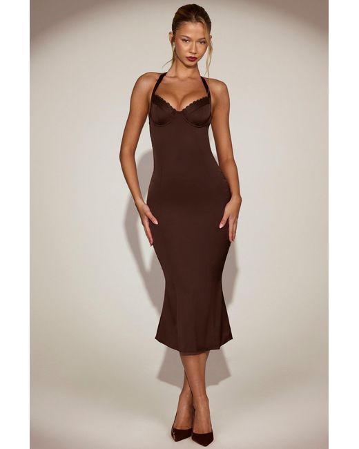 Oh Polly Brown Satin Sweetheart Bustier Fishtail Midaxi Dress