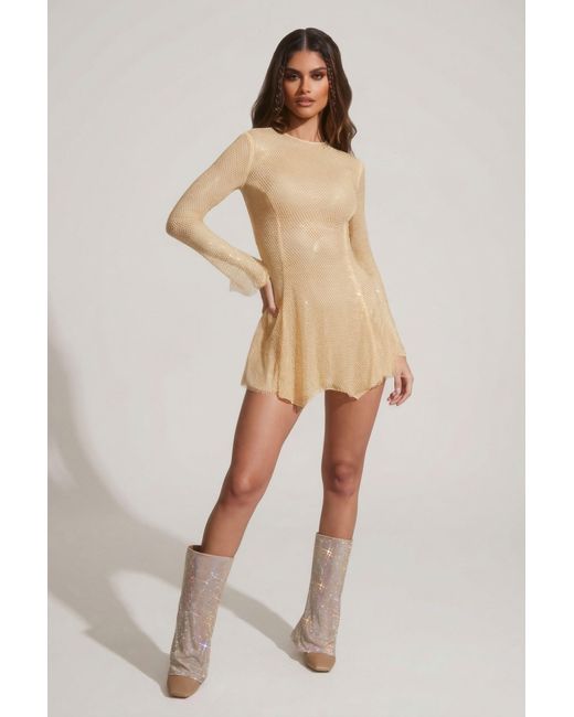 Oh Polly Metallic Embellished Long Sleeve Backless Mini Dress