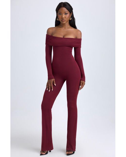 Oh Polly Red Modal Off-Shoulder Ruched Jumpsuit