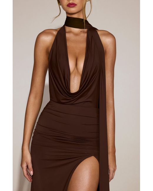 Oh Polly Brown Soft-Jersey Plunge Halterneck Maxi Dress