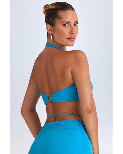 Oh Polly Blue Plunge Hardware-Detail Halterneck Crop Top