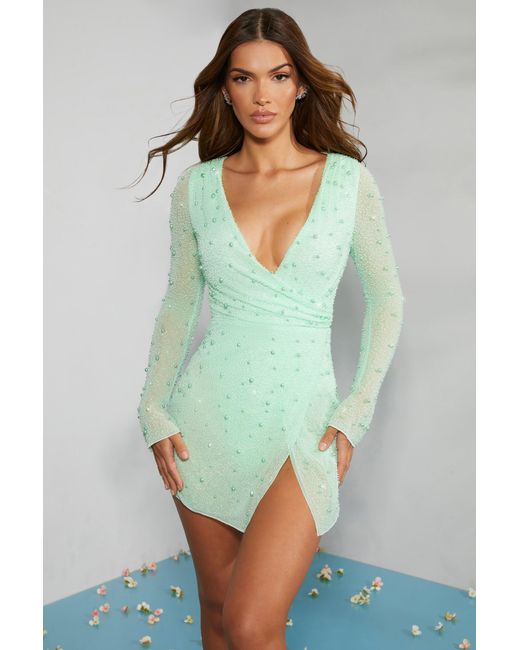 Oh Polly Green Embellished Wrap Over A-Line Mini Dress