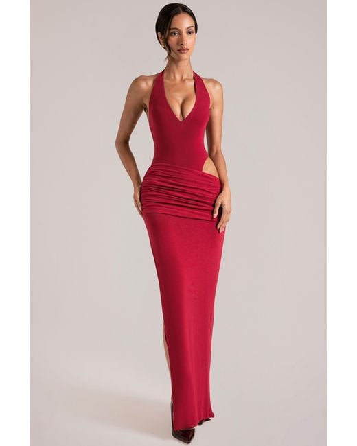 Oh Polly Red Deep Plunge Halterneck Maxi Dress