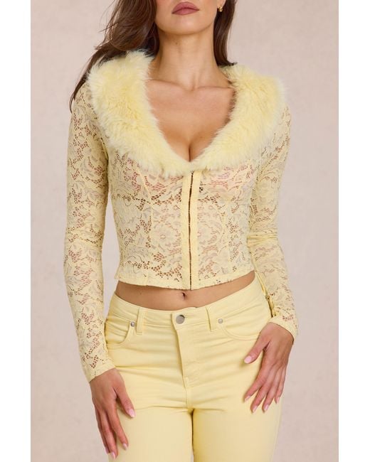 Oh Polly Yellow Lace Faux-Fur-Trim Cardigan