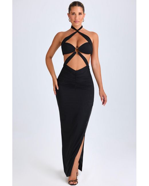 Oh Polly Black Hardware Detail Cut-Out Halterneck Maxi Dress