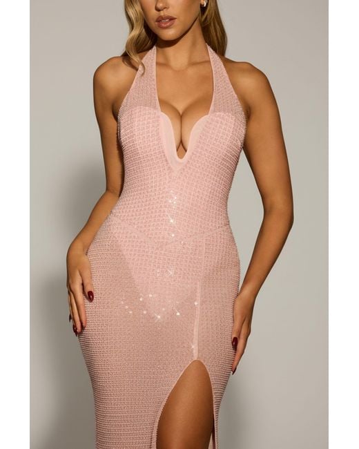 Oh Polly Pink Embellished Halterneck Corset Gown