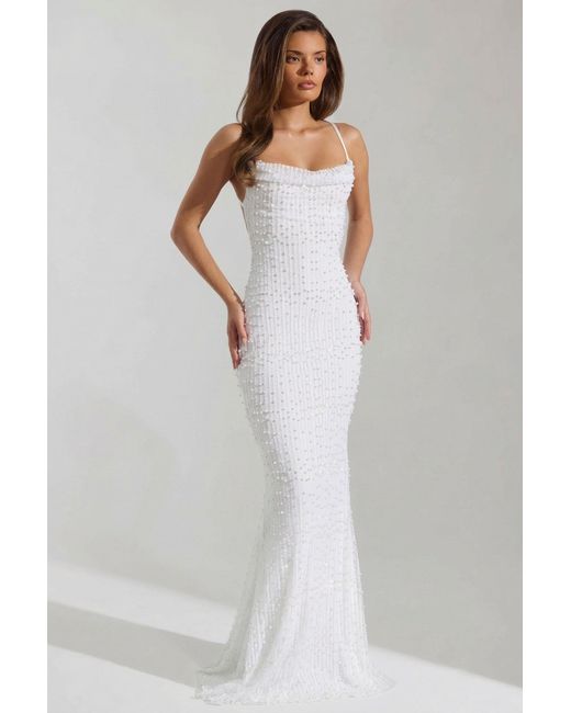 Oh Polly White Embellished Cowl-Neck Backless Maxi Dress