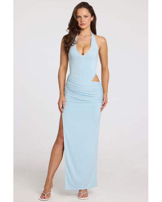 Oh Polly Blue Deep Plunge Halterneck Maxi Dress