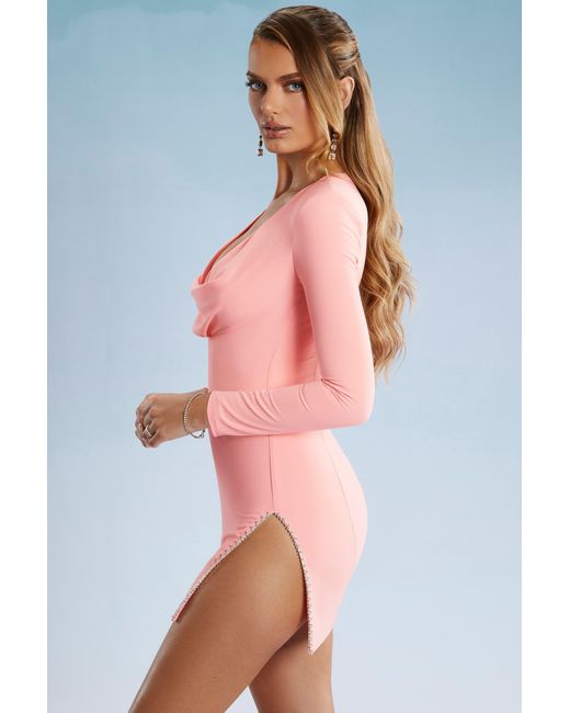 Oh Polly Pink Cowl Neck Thigh Split Mini Dress