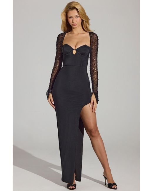 Oh Polly Black Embellished Side Split Maxi Dress