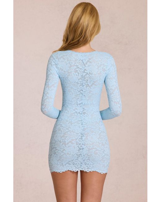 Oh Polly Blue Scalloped-Lace Long-Sleeve Mini Dress