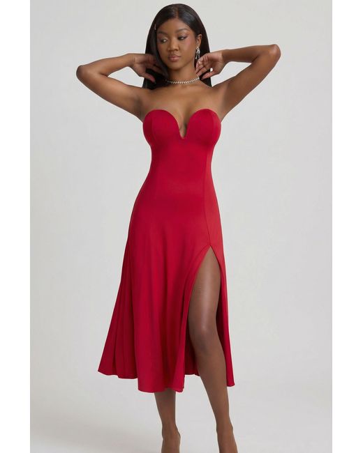 Oh Polly Red Slinky Jersey Strapless A-Line Midaxi Dress