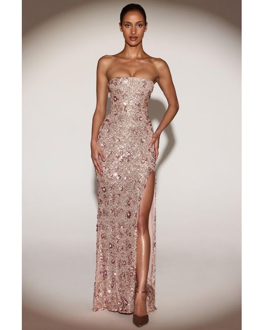 Oh Polly Natural Embellished Bandeau-Neck Strapless Gown