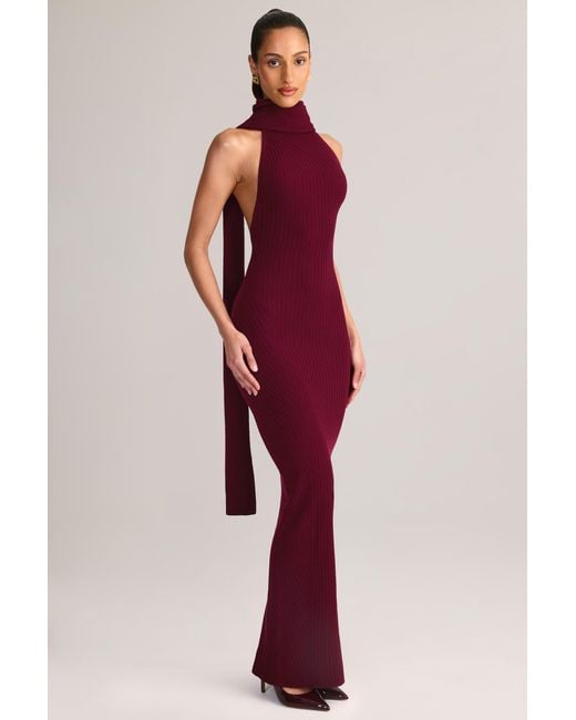 Oh Polly Red Rib-Knit Scarf-Detail Halterneck Maxi Dress