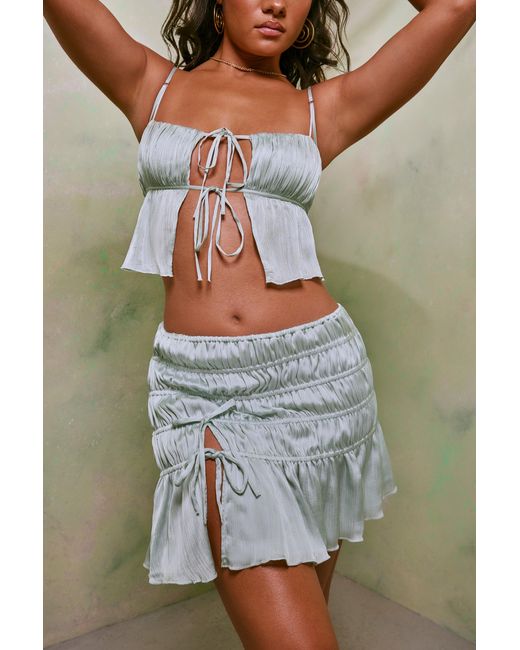 Oh Polly Green Shirred Tie Up Front Crop Top